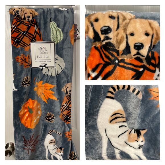 GOLDEN RETRIEVER Dog & CALICO Cat Pumpkins & Fall Leaves 60x70 Throw Blanket NWT - Picture 1 of 5